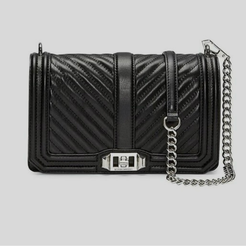 Rebecca Minkoff Love Womens Crossbody Bag Chevron Quilted Black Silver Chain